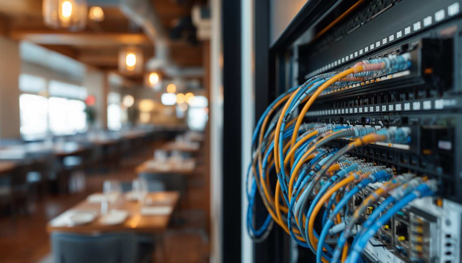 Restaurant network cabling installation in Houston with color-coded cables and dining room in background