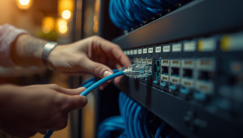 Technician terminating a network cable during a restaurant network cabling installation in Houston