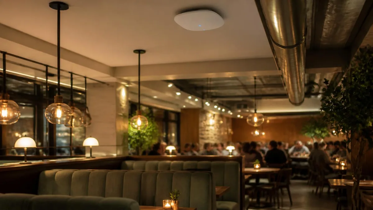 Ceiling-mounted access point providing restaurant WiFi in a Houston dining room