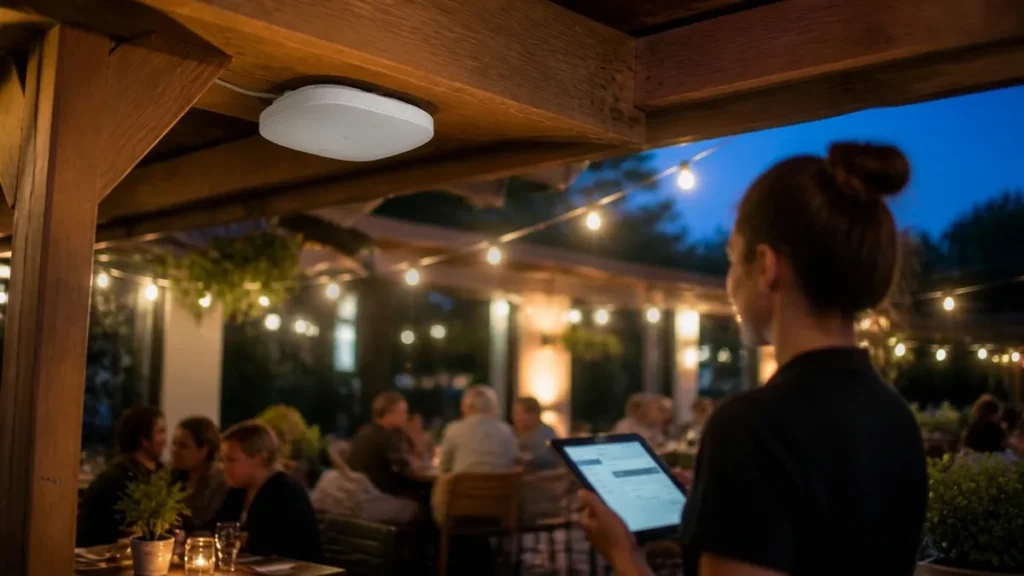 Outdoor-rated access point extending restaurant WiFi to a Houston patio