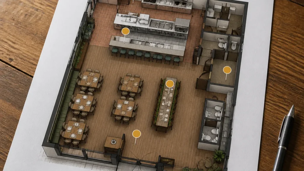 Restaurant floor plan with numbered markers showing where network drops go in each zone