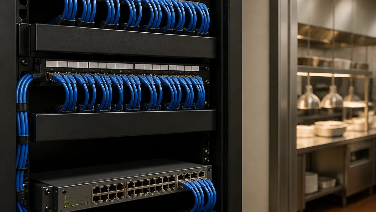 Labeled Cat6 network drops terminated on a patch panel in a Houston restaurant network rack.